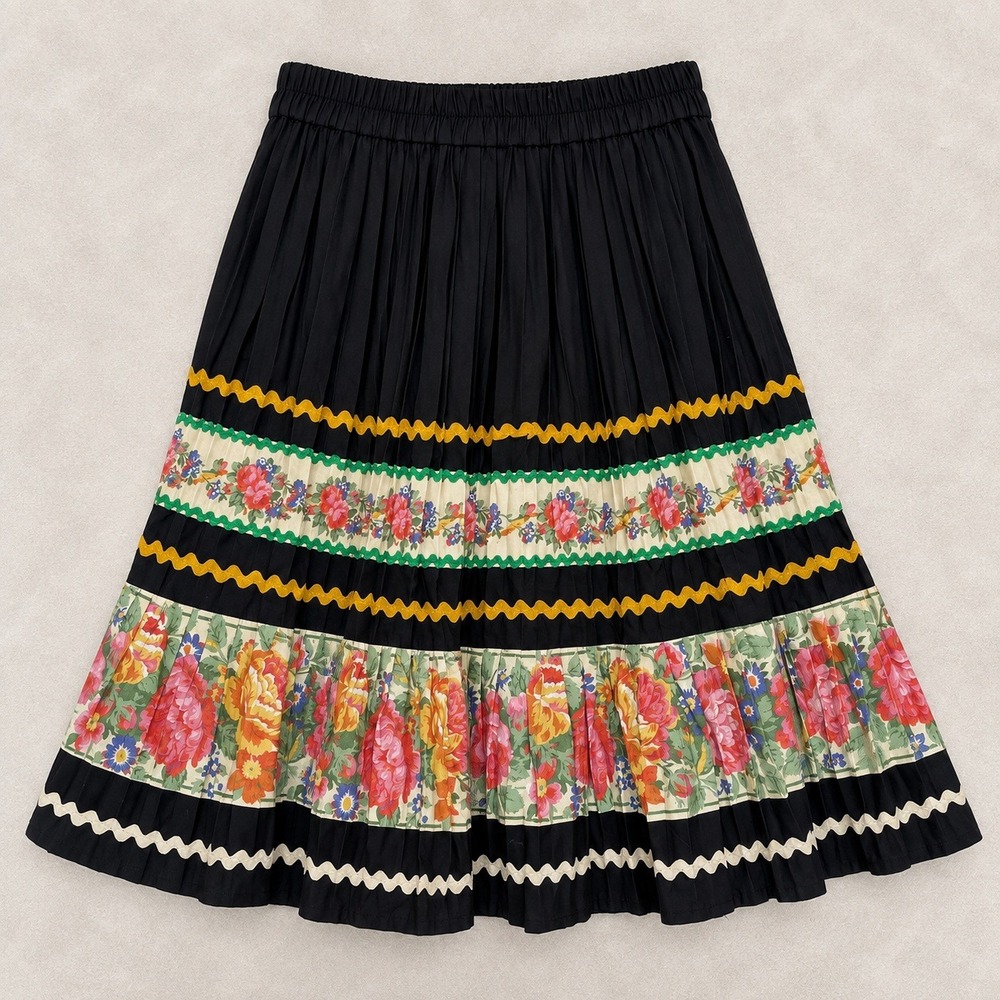 Vintage MAG DELEINE Paris Accordion Pleated Floral Tiered Skirt French Bohemian